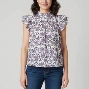 Victoria Dunn Purple Floral Mock Neck Ruffle Sleeve Blouse Top Size Medium
